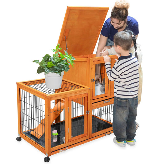 Rabbit Cage Bunny Hutch Indoor Outdoor with Wheels 2 Removable Bottom Trays Waterproof Roof Large Wooden Small Animal House Enclosure 39" L x 24" W x 37" H Orange - from For Animals, With Love