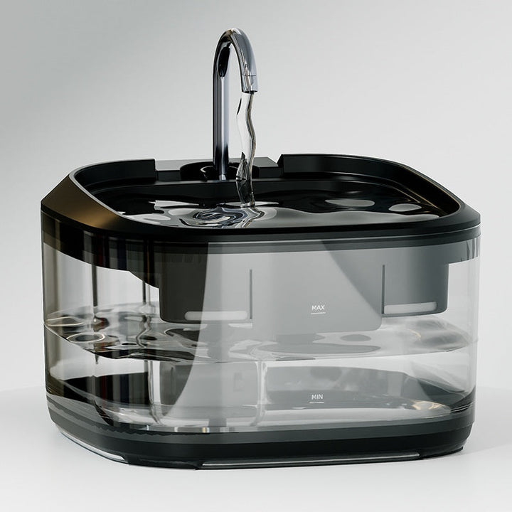 Black-trim transparent fountain with tall curved faucet