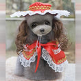 Load image into Gallery viewer, Dog Christmas costume with red cape, white lace trim and matching hat.
