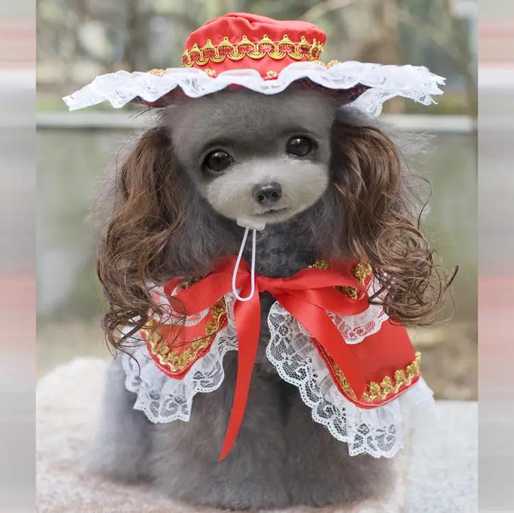 Dog Christmas costume with red cape, white lace trim and matching hat.