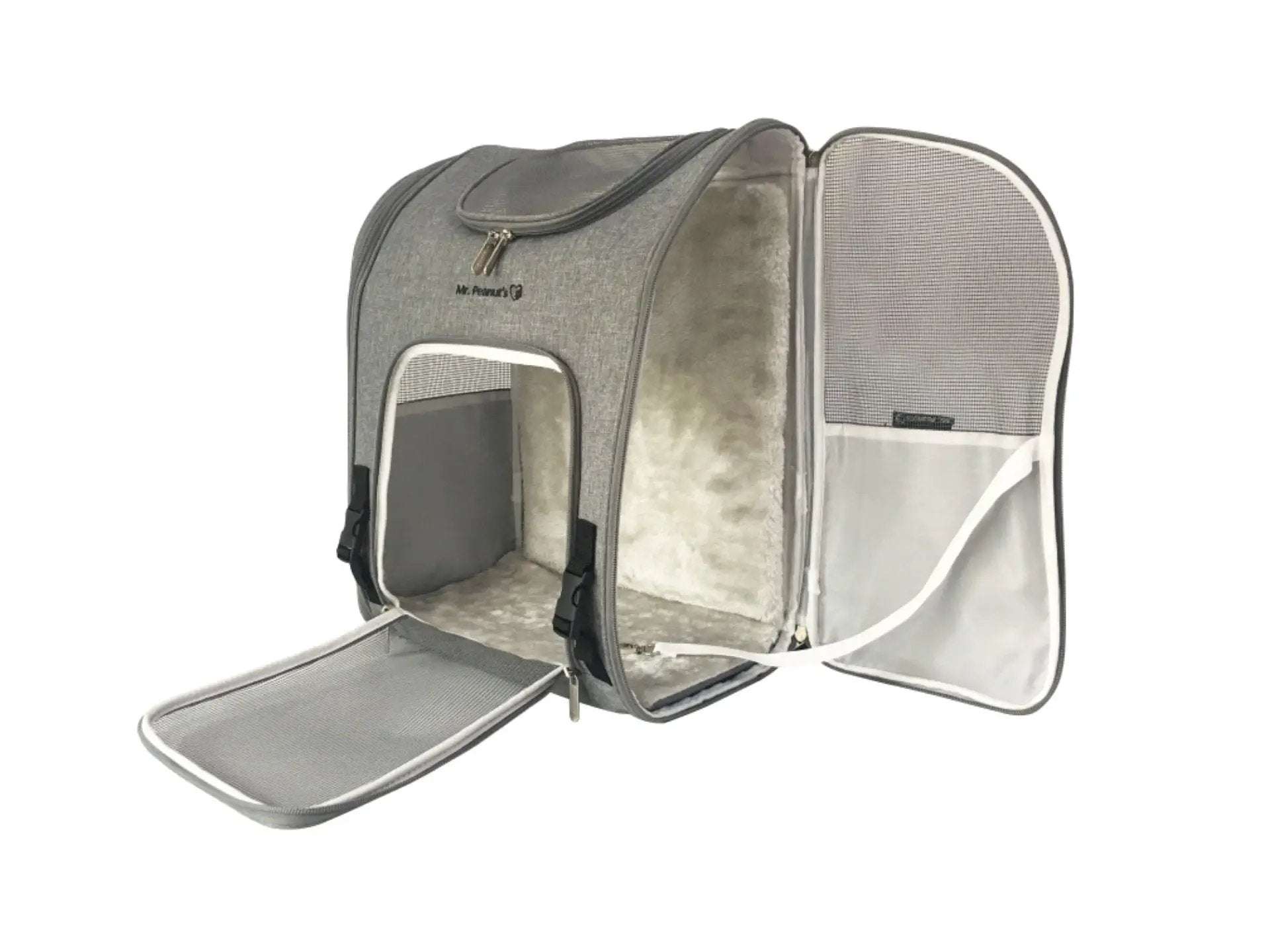 Mr. Peanut's Aspen Series airline-compliant backpack pet carrier; gray fabric with plush interior