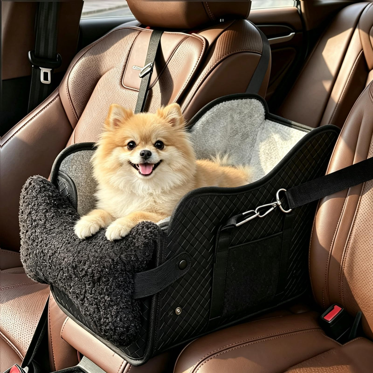 Small dog in black console-style pet seat