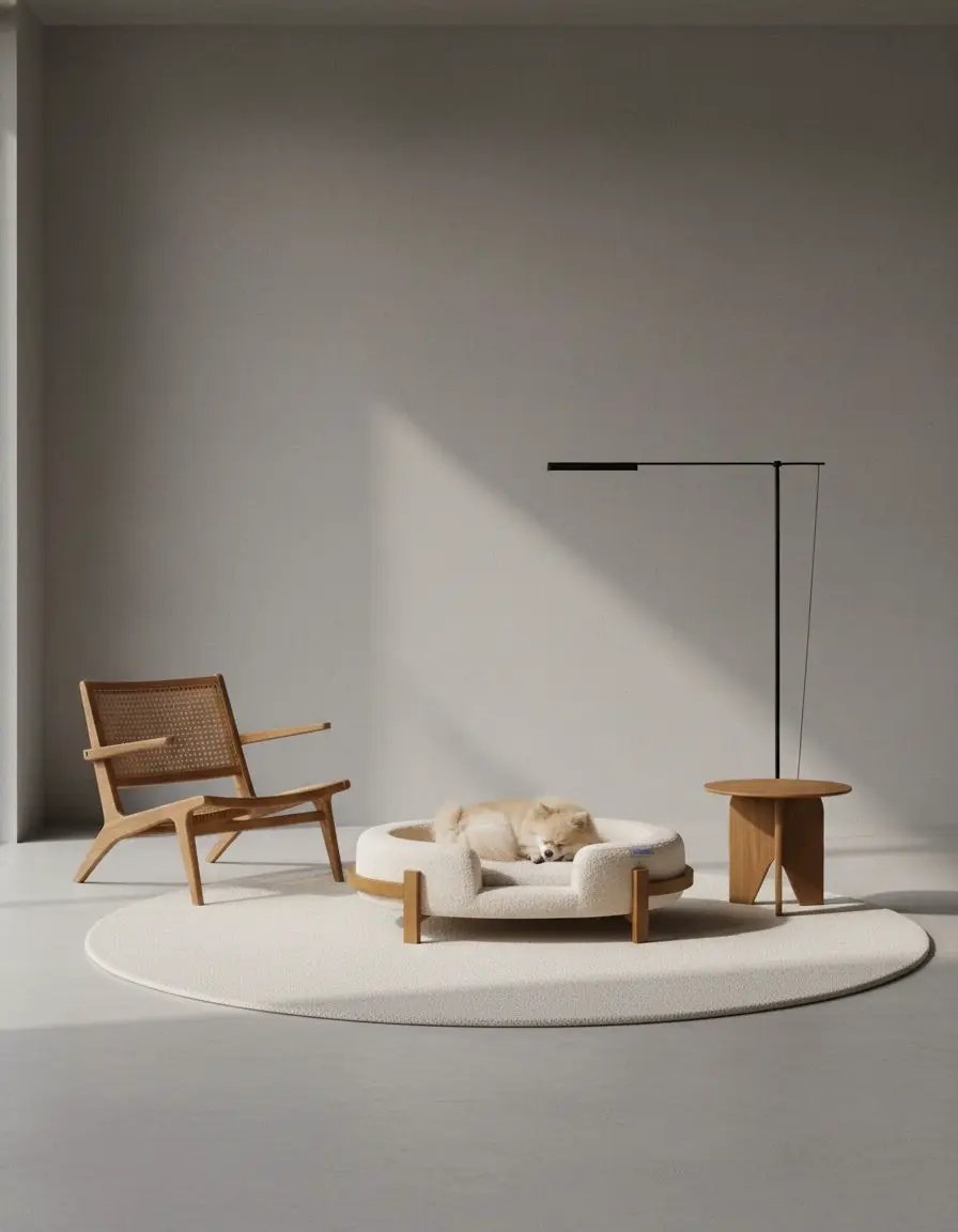 Calming dog bed in cream plush fabric with a light wood frame in a minimalist living space.