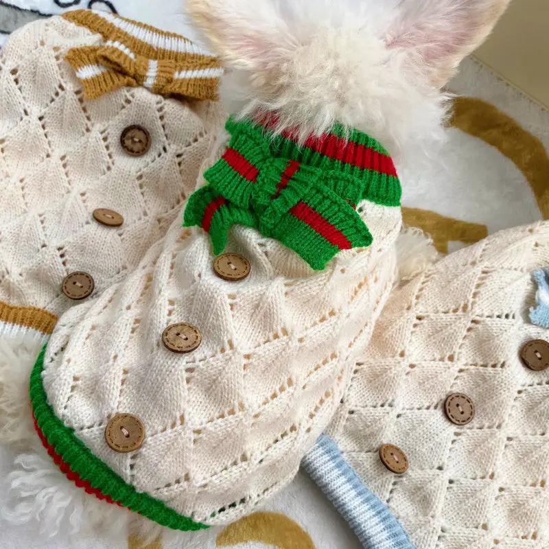 Hollow-out knitted dog sweater set with beige diamond knit, brown buttons, and green-red striped scarf (2 pieces)