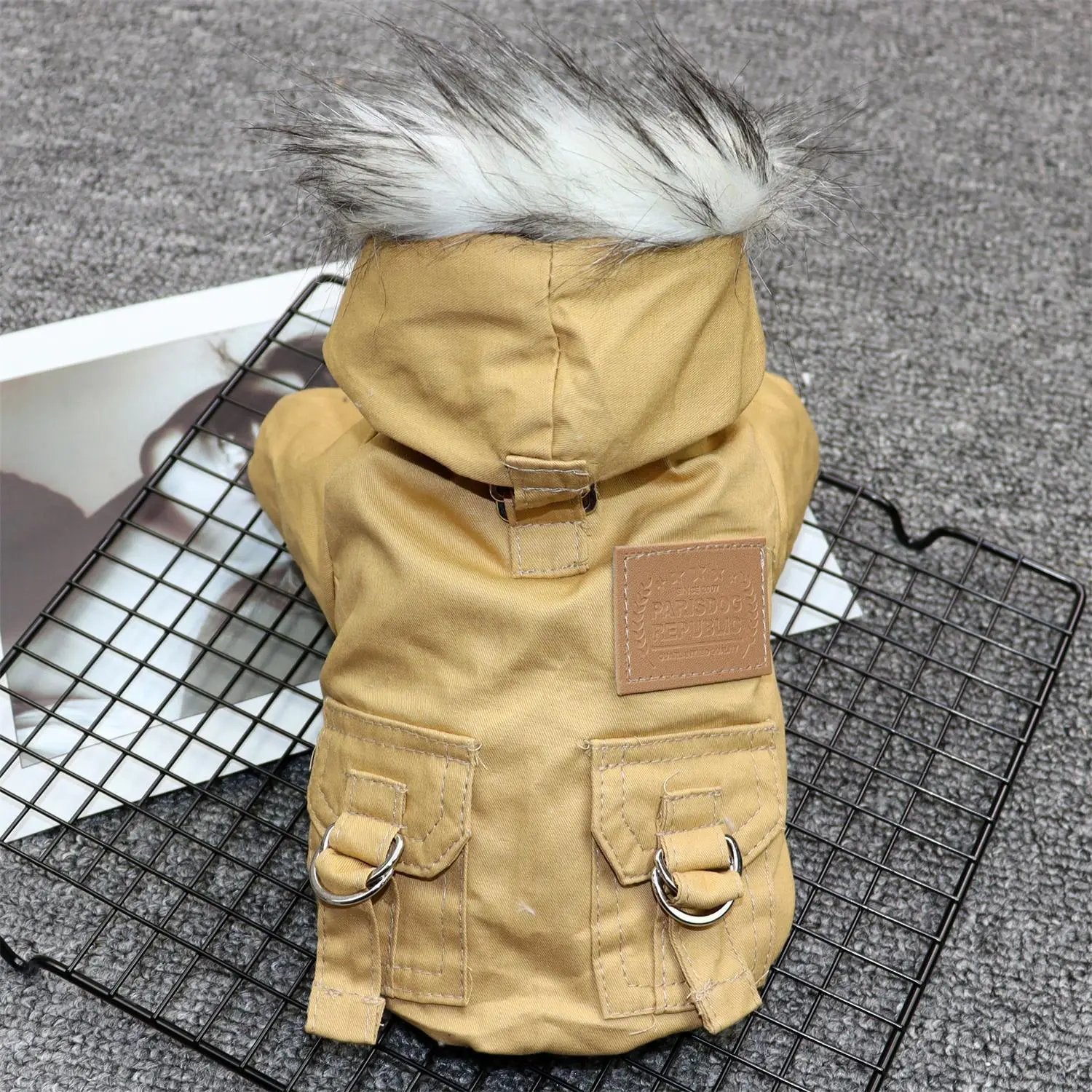 Padded Dog Clothes Padded Coat For Small Dogs in army green khaki color with faux fur trim and pockets.
