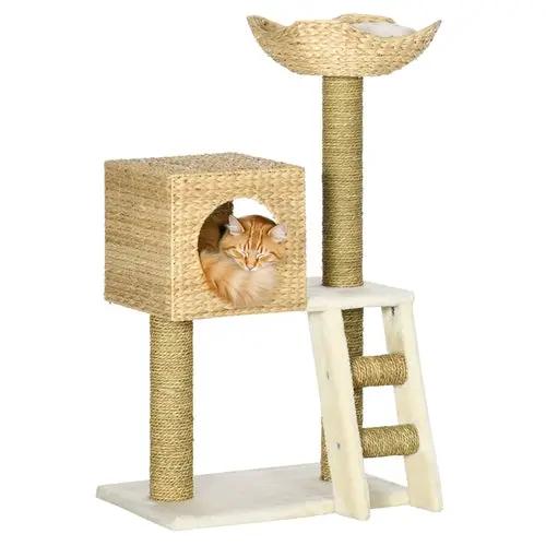 Cattail Weave Cat Tree for Indoor Cats, natural rattan with sisal rope posts and cubby