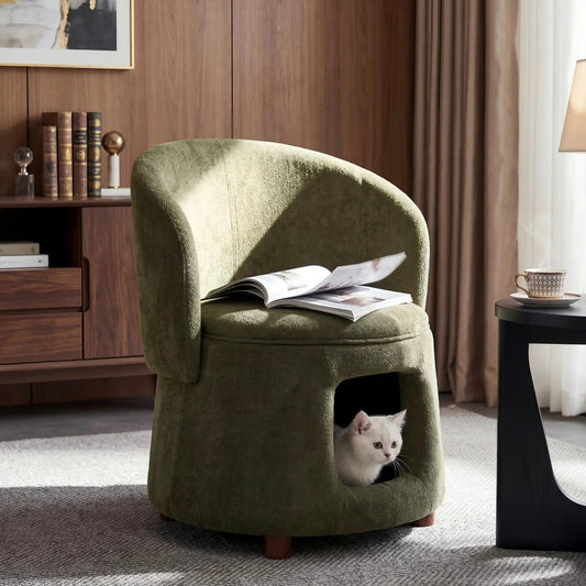Green Pet Friendly Chair with Hidden Pet Nook, textured upholstery and a curious cat peeking out.