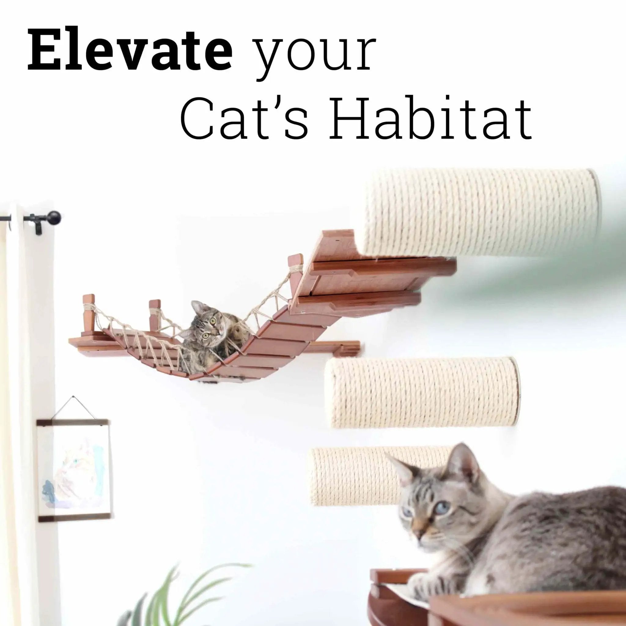 Corner Cat Shelf Bridge, wood-toned cat bridge with rope netting, by Catastrophic Creations