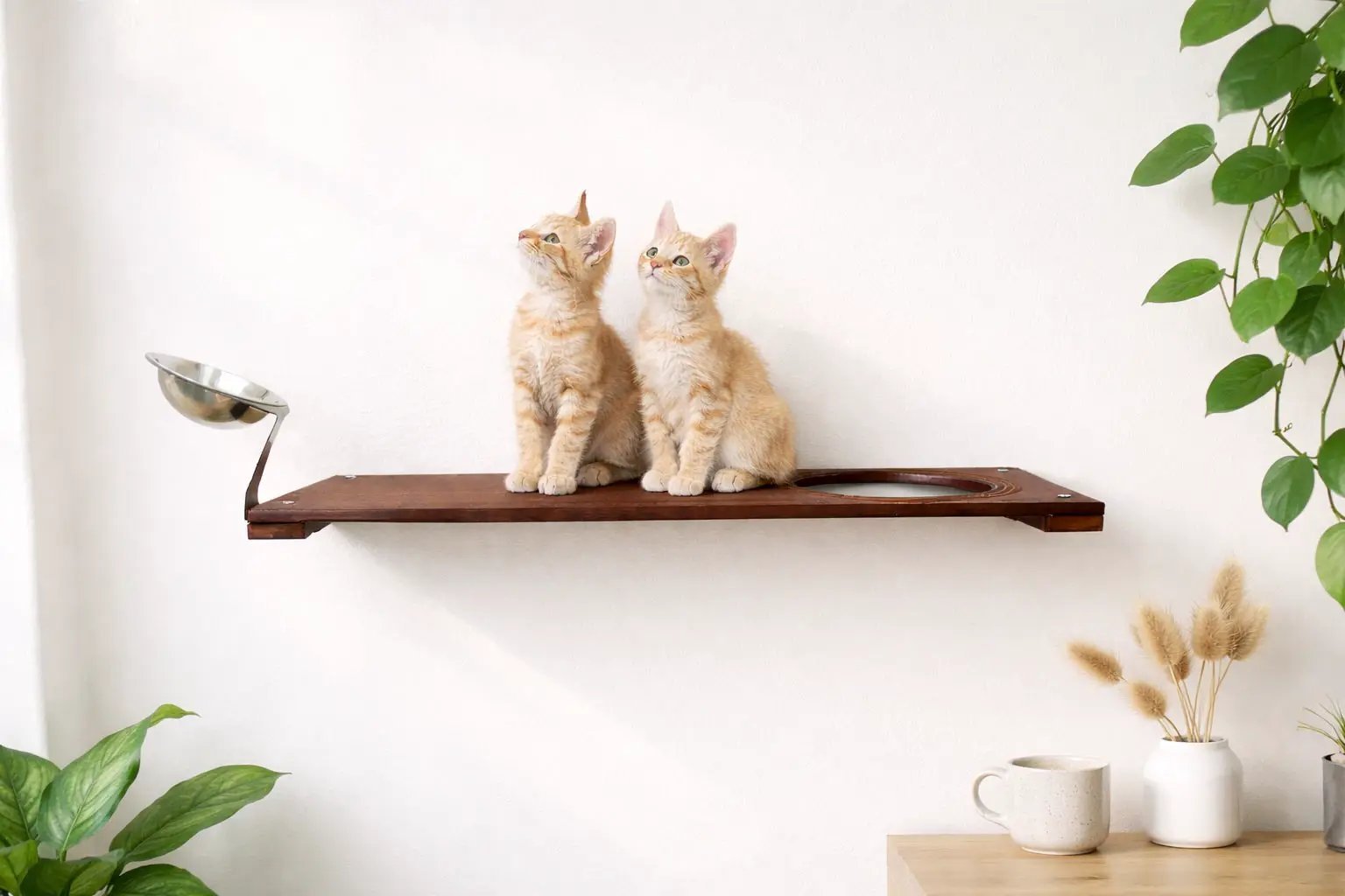 Wall mounted cat feeding shelf by Catastrophic Creations, wooden shelf with metal bowl and two orange kittens