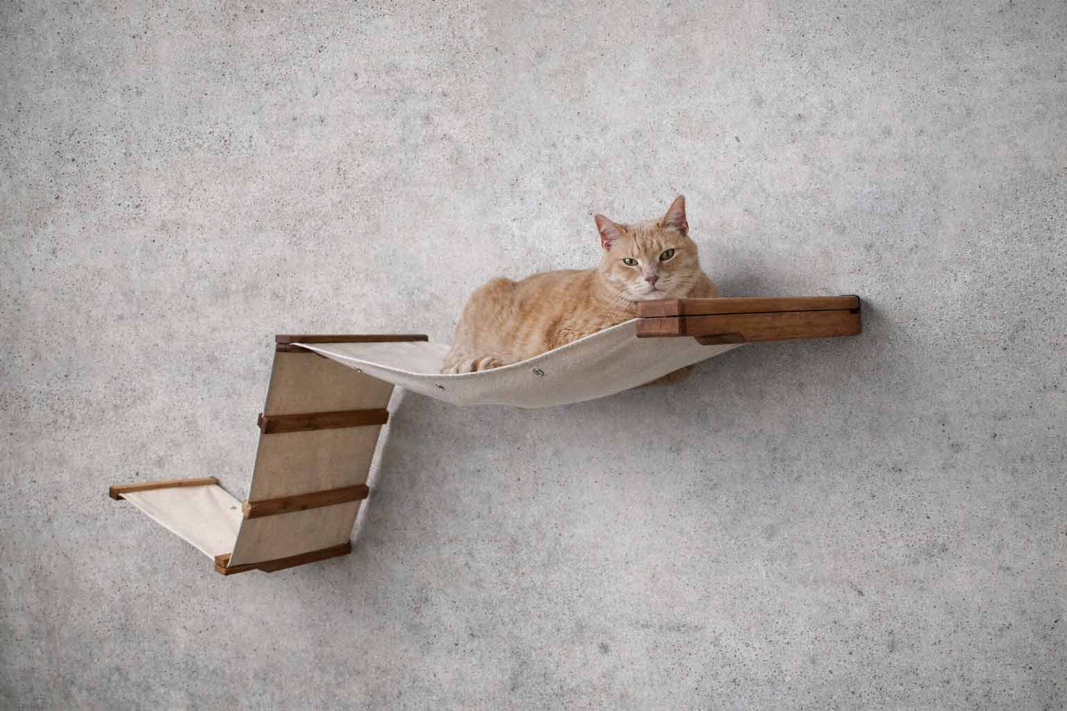 The Raceway wall-mounted cat hammock by Catastrophic Creations, beige fabric with wooden supports.