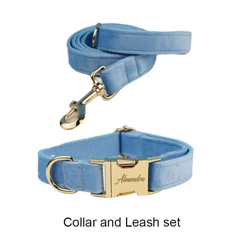 Luxury Blue Velvet Custom Dog Harness Set No Pull Sleek Hardware by DDPaws