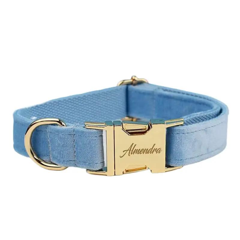 Luxury Blue Velvet Custom Dog Harness Set No Pull Sleek Hardware by DDPaws