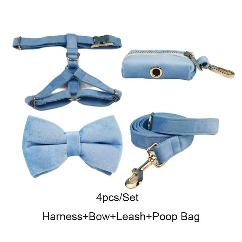 Luxury Blue Velvet Custom Dog Harness Set No Pull Sleek Hardware by DDPaws