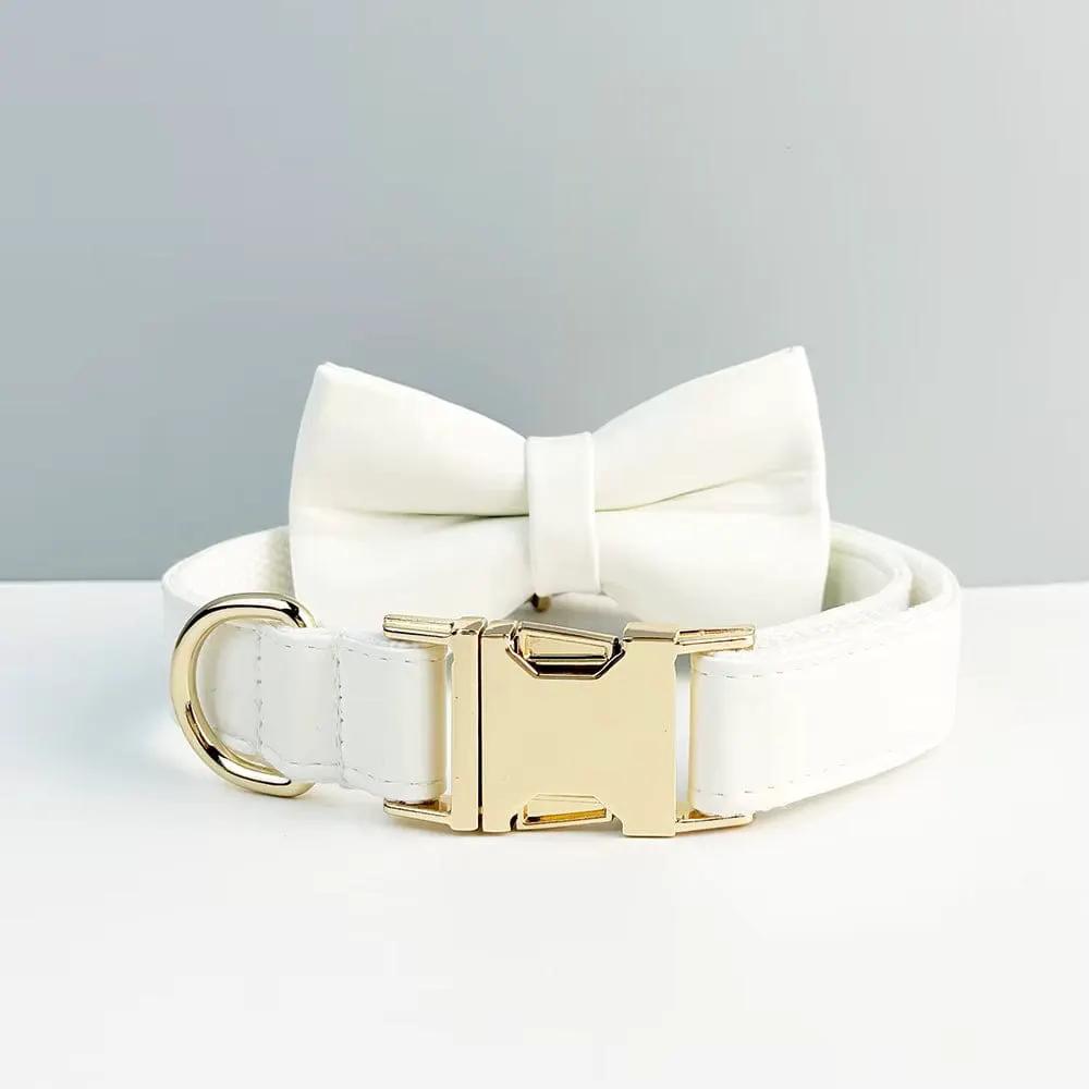 Classic Elegance White Premium Leather Dog Walking Collar Leash Set by DDPaws