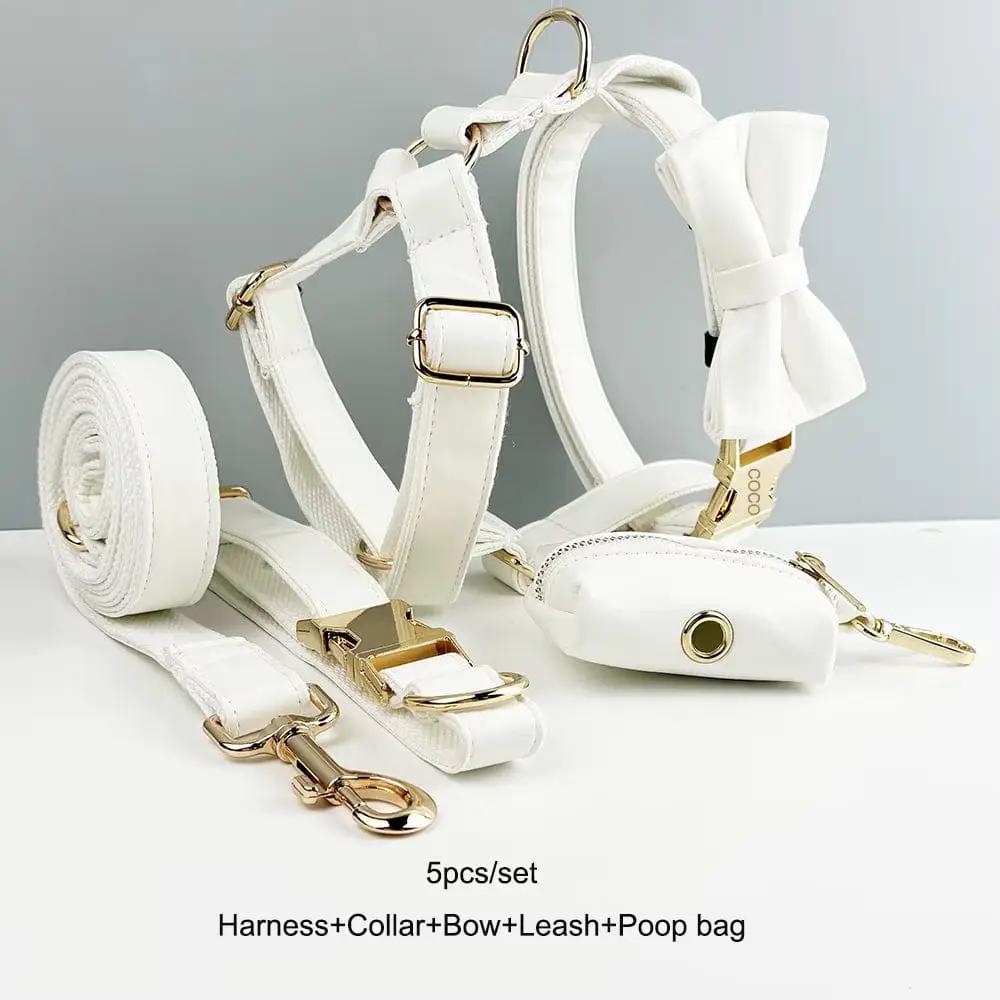 Classic Elegance White Premium Leather Dog Walking Collar Leash Set by DDPaws