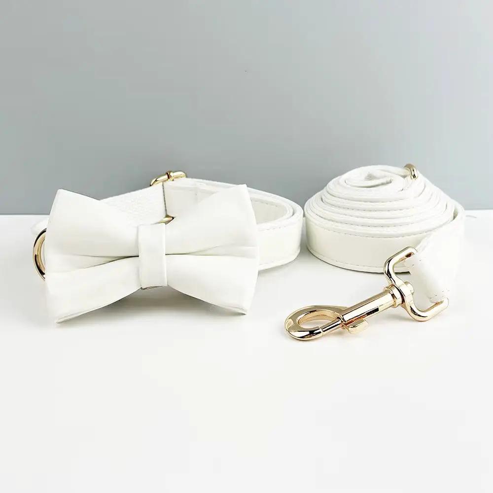 Classic Elegance White Premium Leather Dog Walking Collar Leash Set by DDPaws