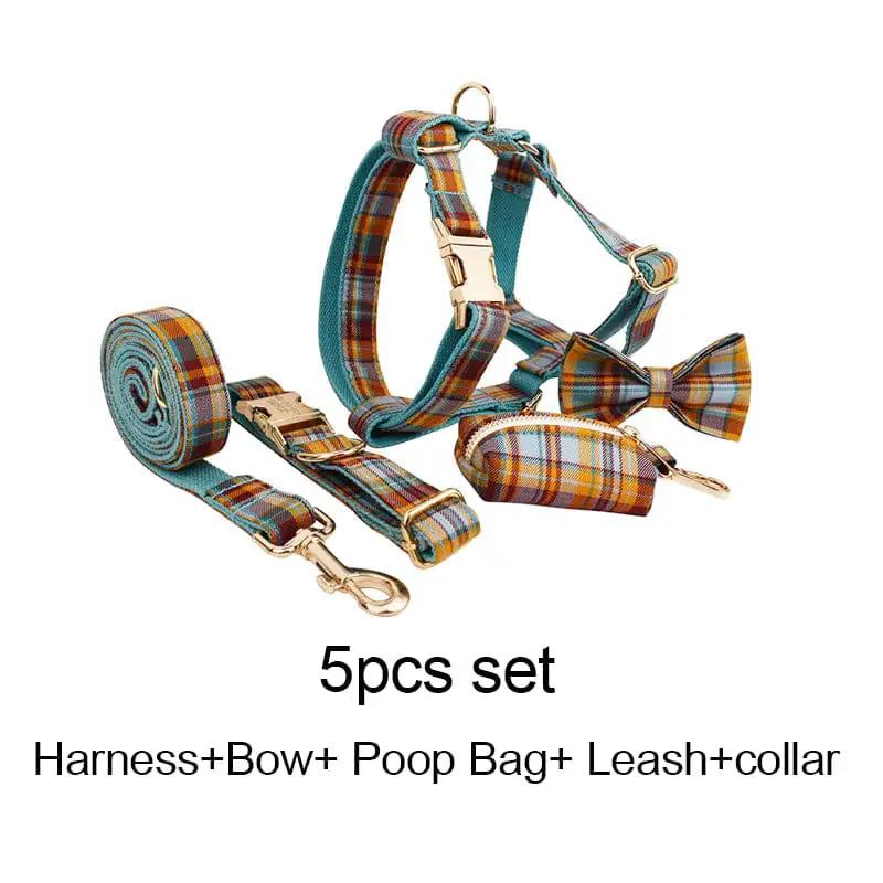 Autumn Blue Plaid Custom No Pull Dog Harness Collar Leash Bow Tie Set With Waste Bag Holder by DDPaws