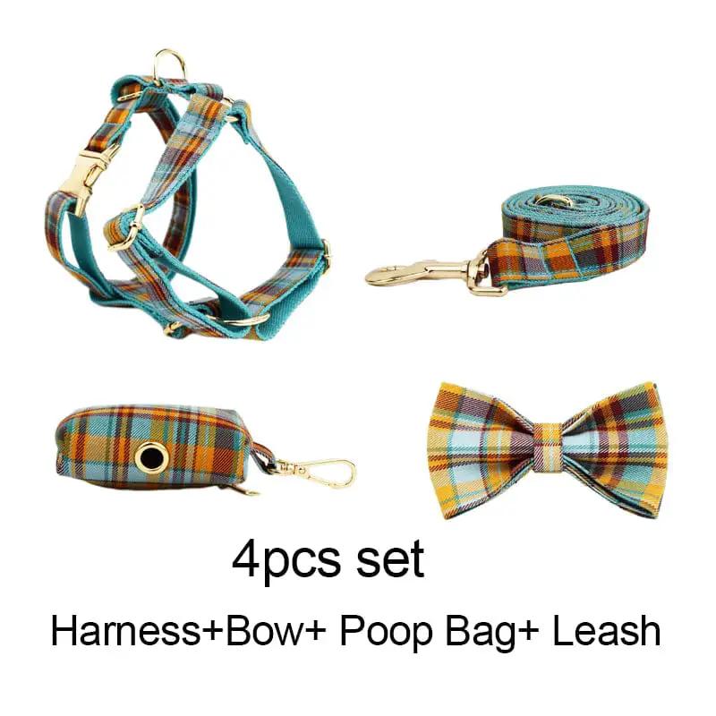 Autumn Blue Plaid Custom No Pull Dog Harness Collar Leash Bow Tie Set With Waste Bag Holder by DDPaws
