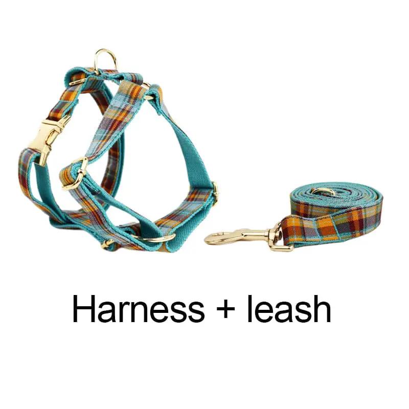 Autumn Blue Plaid Custom No Pull Dog Harness Collar Leash Bow Tie Set With Waste Bag Holder by DDPaws