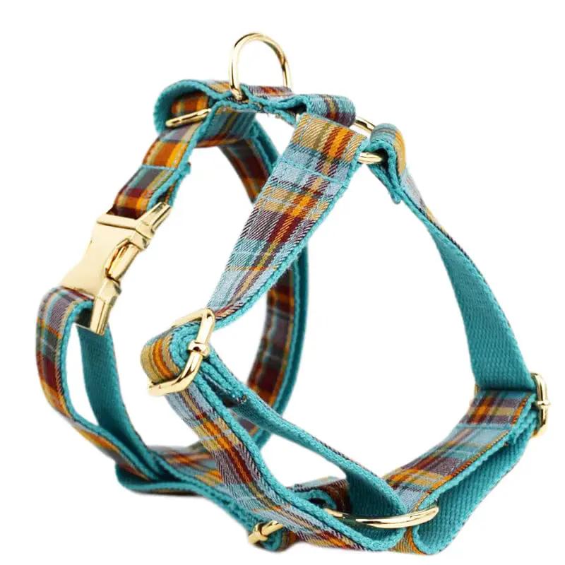 Autumn Blue Plaid Custom No Pull Dog Harness Collar Leash Bow Tie Set With Waste Bag Holder by DDPaws