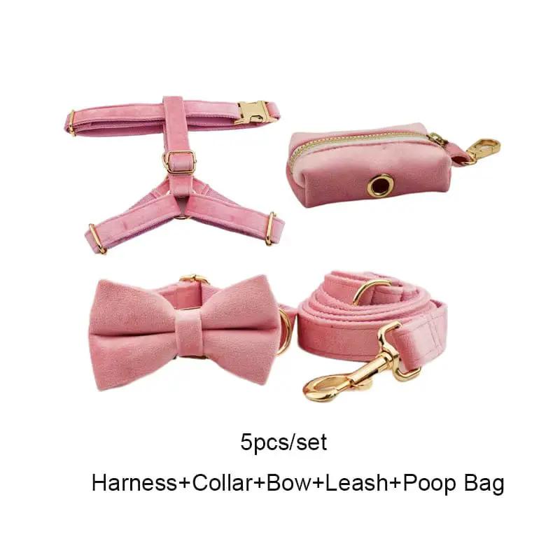 Pink Velvet Dog Harness And Leash Set Personalized Soft Durable Fit by DDPaws