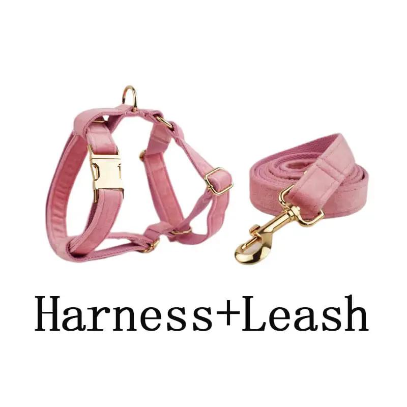 Pink Velvet Dog Harness And Leash Set Personalized Soft Durable Fit by DDPaws