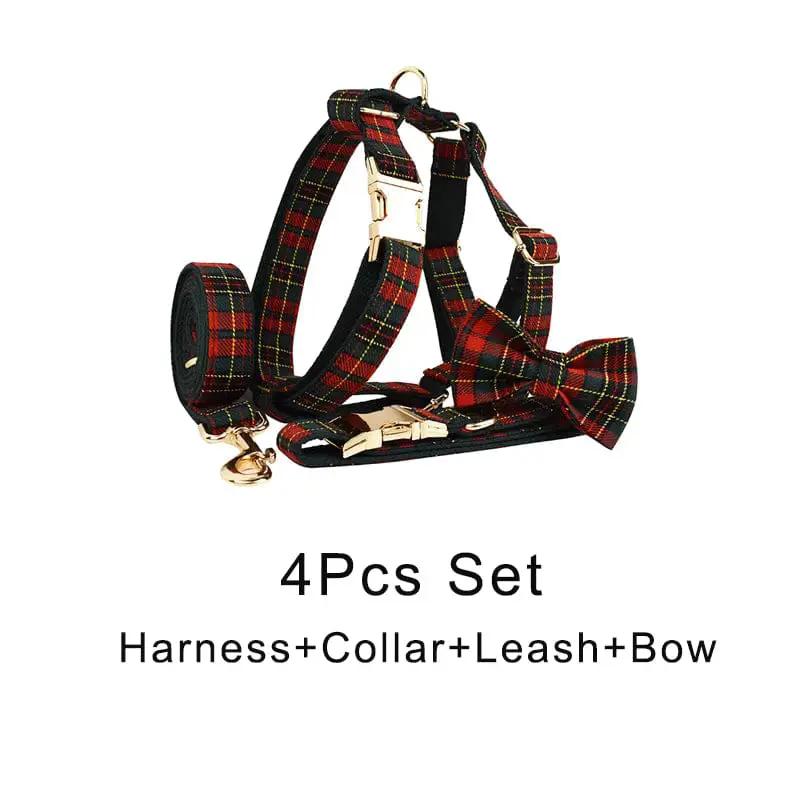 Red Tartan Christmas No Pull Dog Harness Set With Leash Personalized by DDPaws