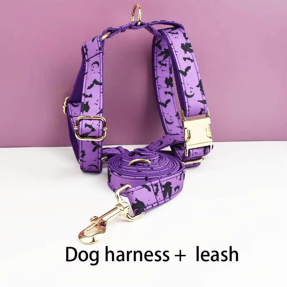 Luxe Pet Gear Halloween Classic Violet Print No Pull Harness With Matching Collar Leash And Bow Tie Set by DDPaws