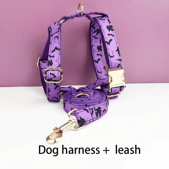 Luxe Pet Gear Halloween Classic Violet Print No Pull Harness With Matching Collar Leash And Bow Tie Set by DDPaws