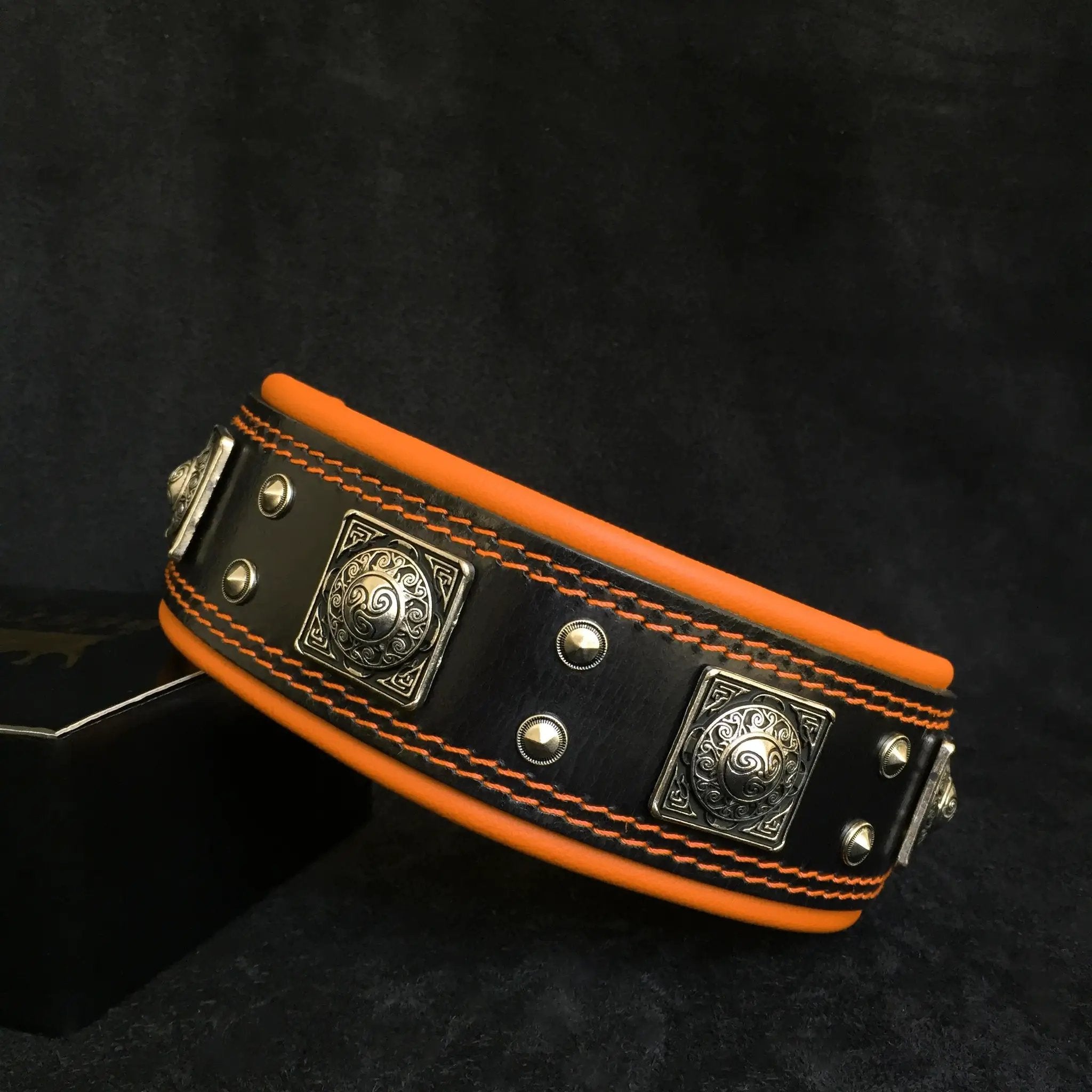 The "Eros" collar 2.5 inch wide black & orange - Pet Collars & Harnesses from Bestia Dog Gear
