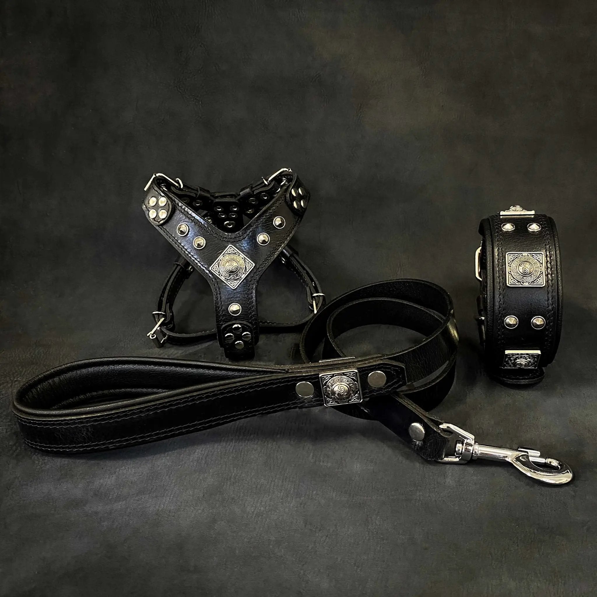 Eros All Black Hand Made Leather Dog Harness Collar Leash Set Small Medium Dogs With Heavy Duty Hardware by Bestia Dog Gear