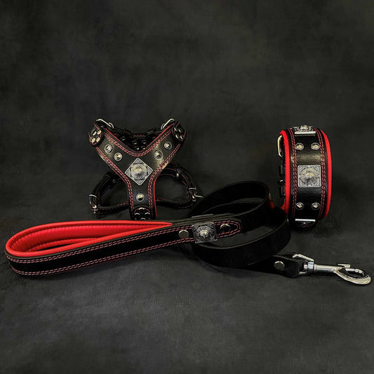 "EROS" Small to Medium dog SET - Harness - collar - lead Black&Red - Pet Collars & Harnesses from Bestia Dog Gear
