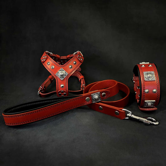 Eros Red Leather Dog Harness Collar Lead Small Medium Orthopedic Foam by Bestia Dog Gear