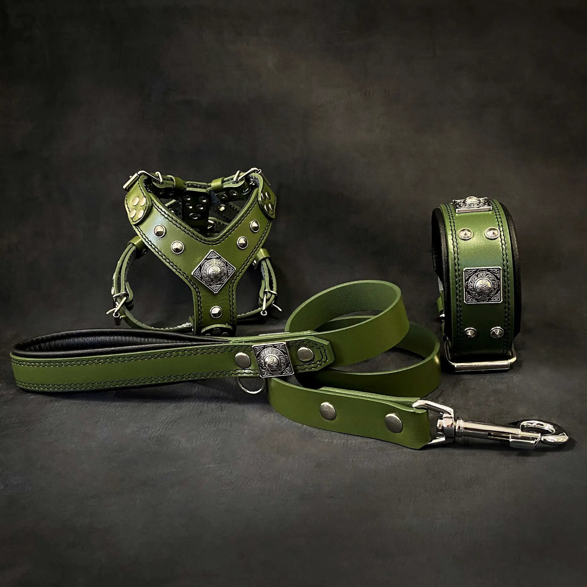 Eros Handmade Leather Dog Harness Collar Lead Set Green Small Medium by Bestia Dog Gear