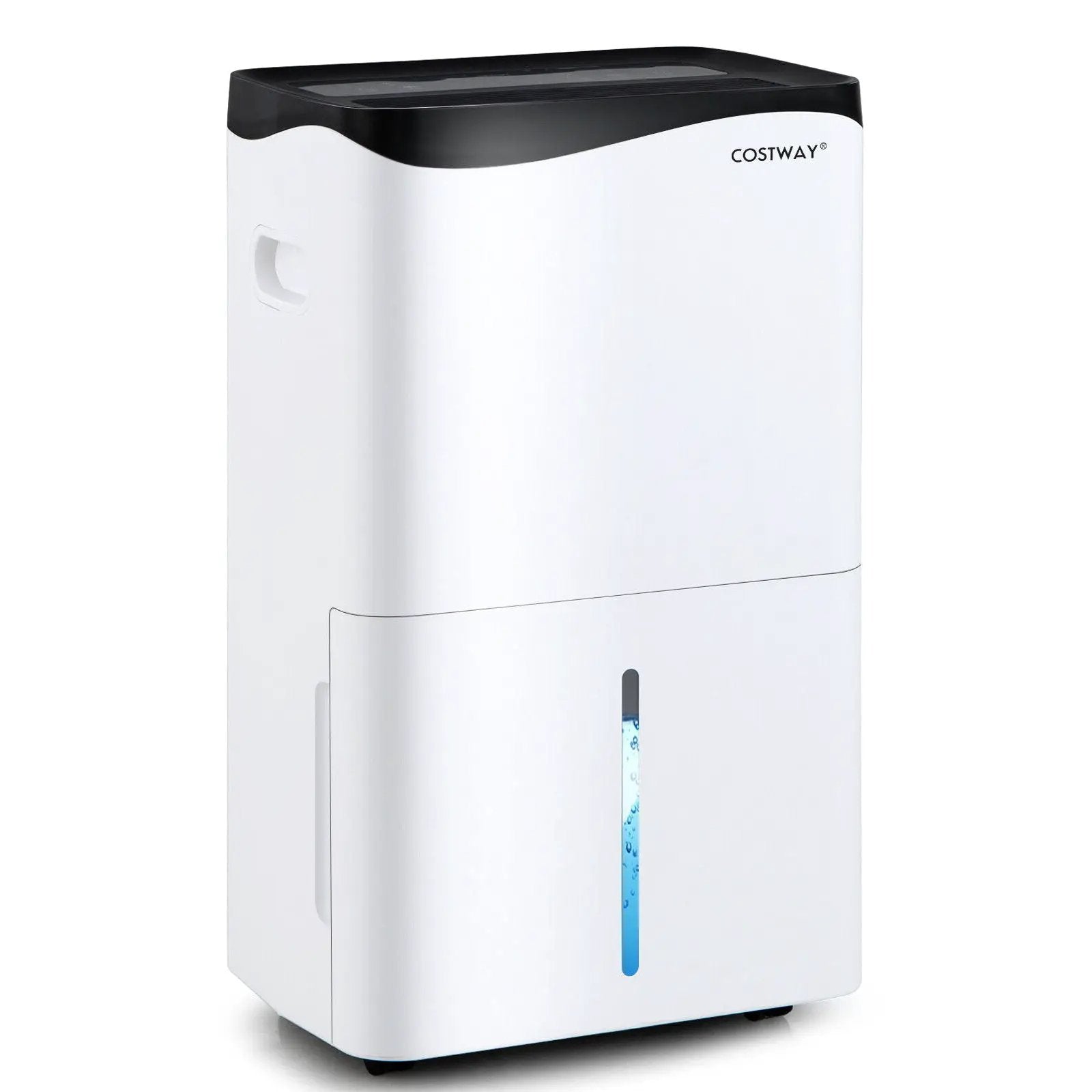 Humidifier by Costway, white vertical unit with black top and blue water level window.
