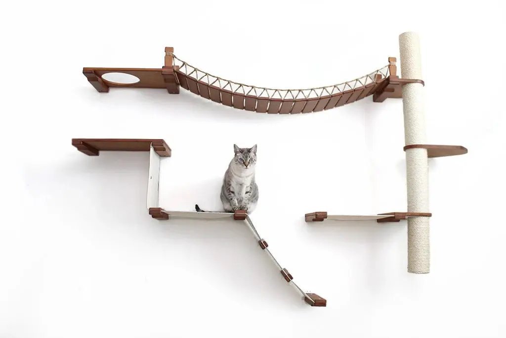 The Expedition Cat Jungle Gym Wall System cat condo by Catastrophic Creations; brown wood platforms and sisal post.