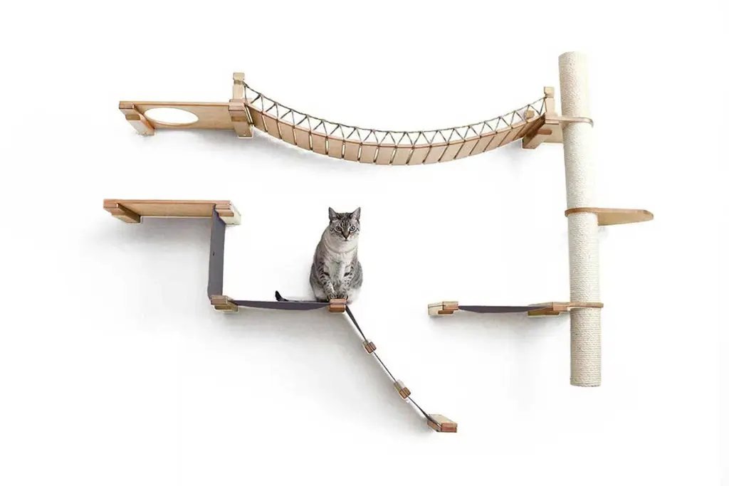 The Expedition Cat Jungle Gym Wall System Cat Condo by Catastrophic Creations — natural wood cat tree with rope bridge.