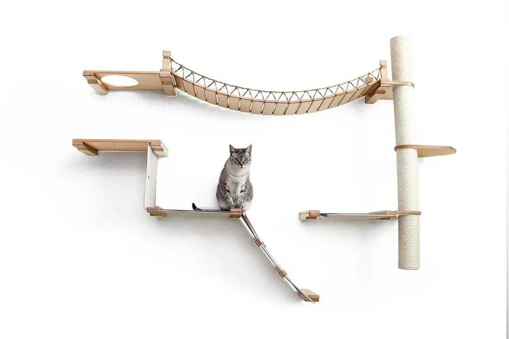 The Expedition Cat Jungle Gym Wall System cat condo by Catastrophic Creations; wooden platforms, rope bridge, and sisal post.