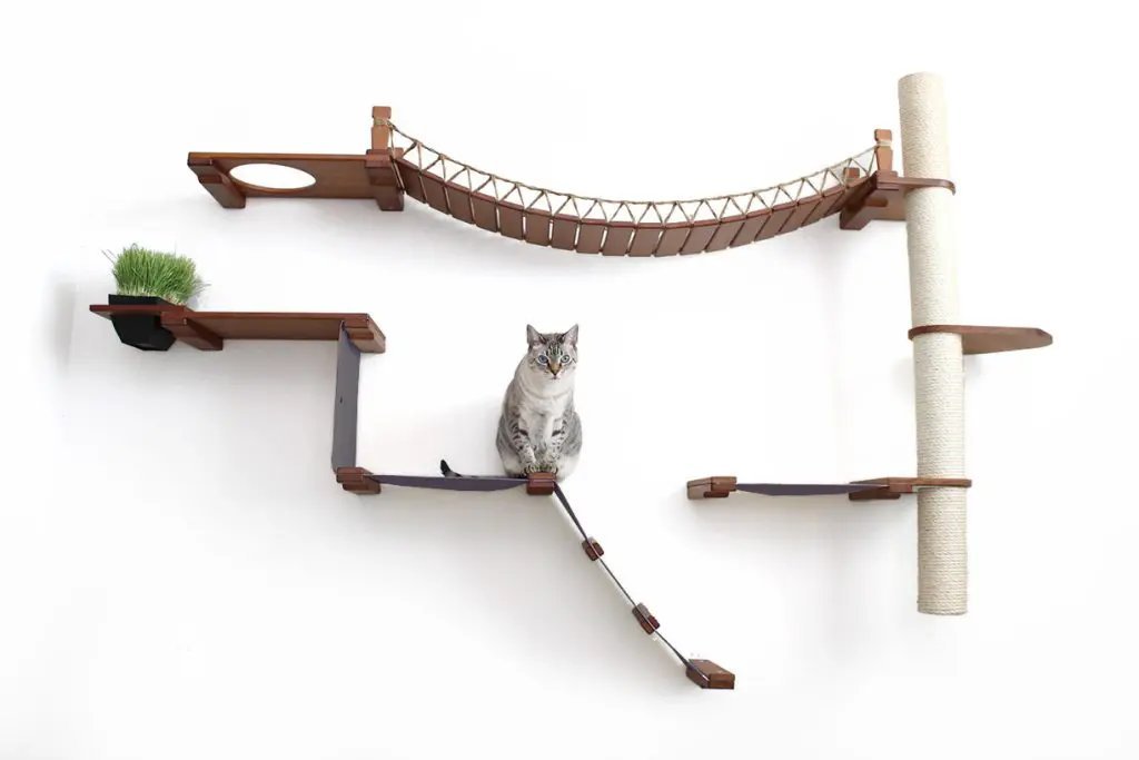 The Expedition Cat Jungle Gym Wall System cat condo by Catastrophic Creations; brown wood and sisal rope.