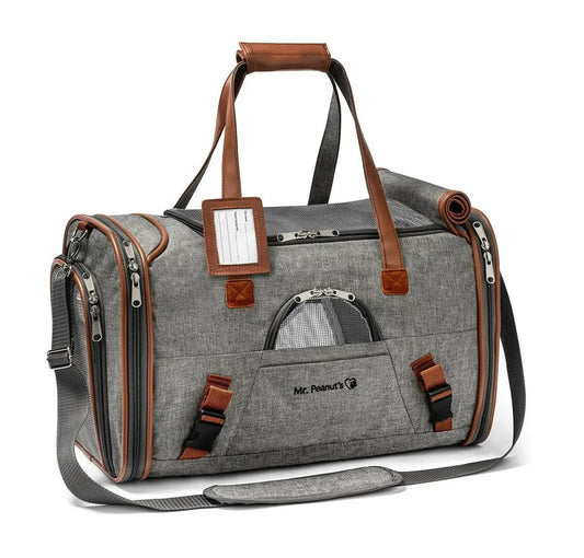 Mr. Peanut's Gold Series V2.0 Pet Carrier, gray fabric with brown leather trim, air travel approved