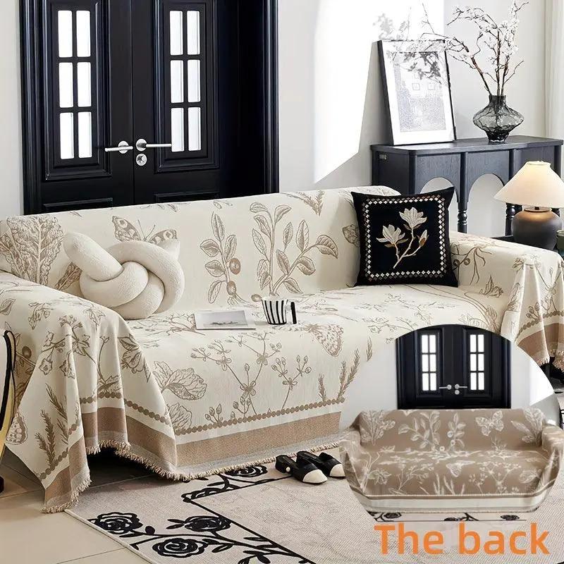 Soft & Cozy Chenille Reversible Sofa Cover beige floral pattern for sofa