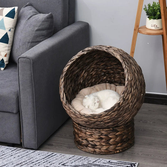 The Cresselle Elevated Cat Bed in Dark Brown beside a gray sofa, with a white cat resting on the light-colored cushion.