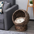 Bild in Galerie-Betrachter laden, Handmade wicker elevated cat bed with beige cushion in dark brown frame for kittens by Pear Daisy
