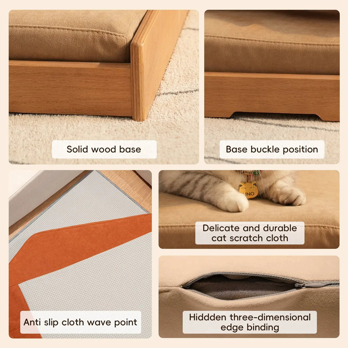 Modern wooden pet bed for cats and dogs; solid wood base in warm brown finish by Home Furnishers