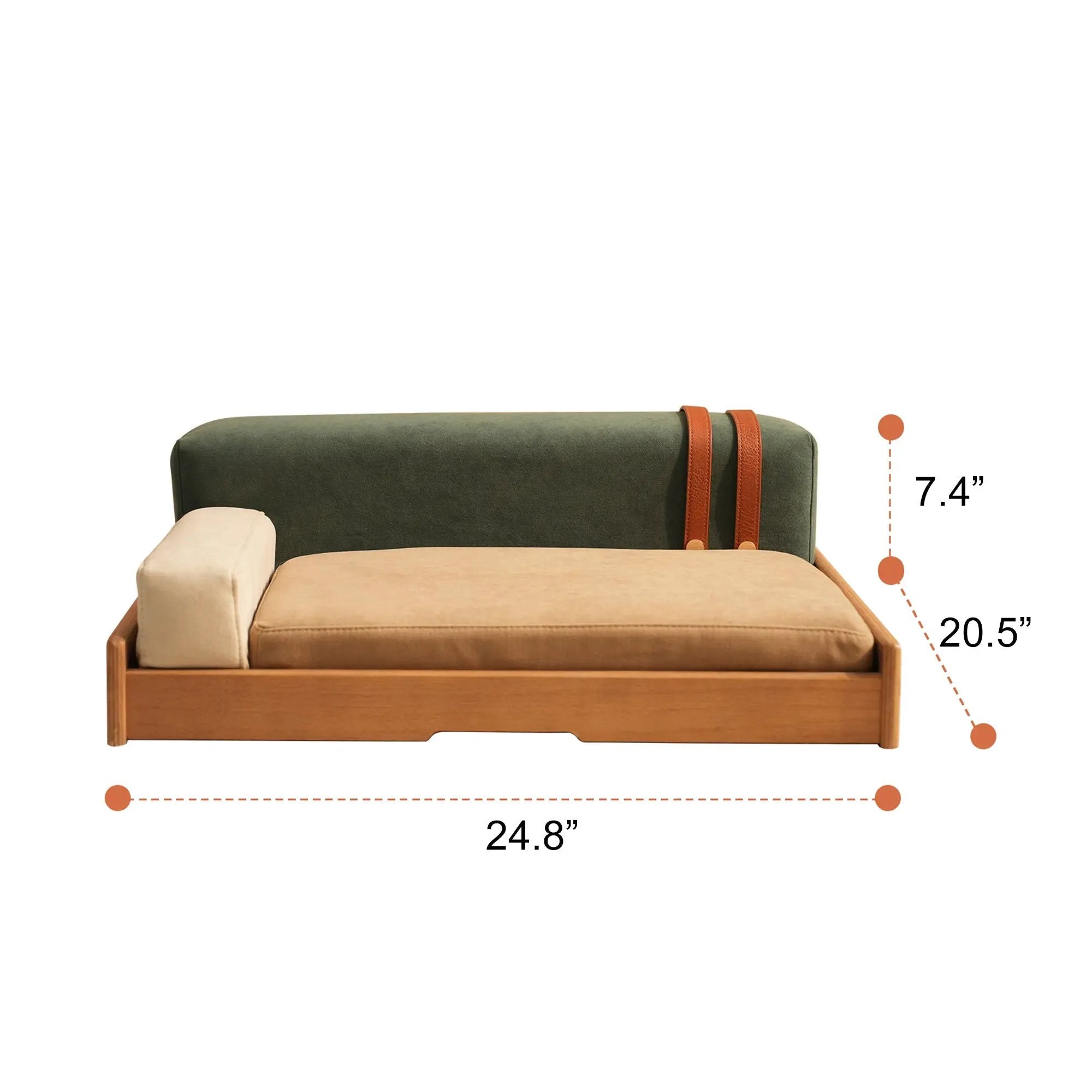 Modern Wooden Pet Bed for Cats & Dogs with green back cushion and beige seat cushion; two cushions