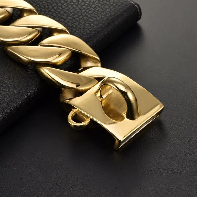 Luxe Cuban Link stainless steel dog collar in gold, chunky chain with secure clasp