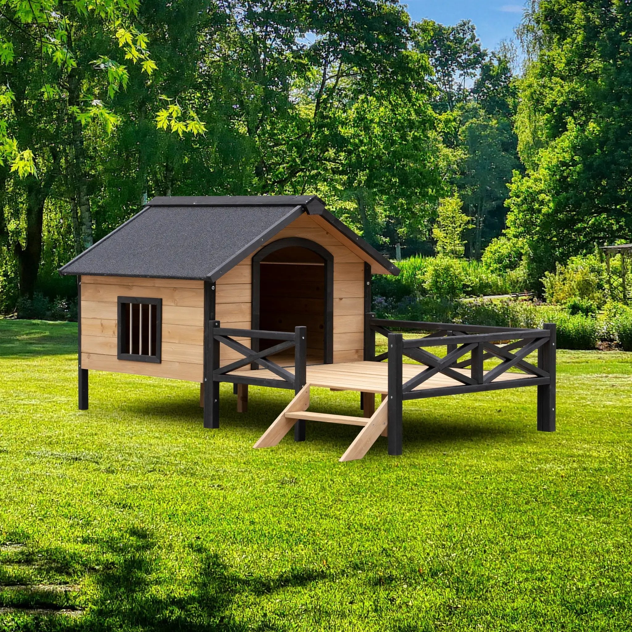 Outdoor Large Wooden Cabin House Style Dog Kennel with Porch by HouseOfZazla