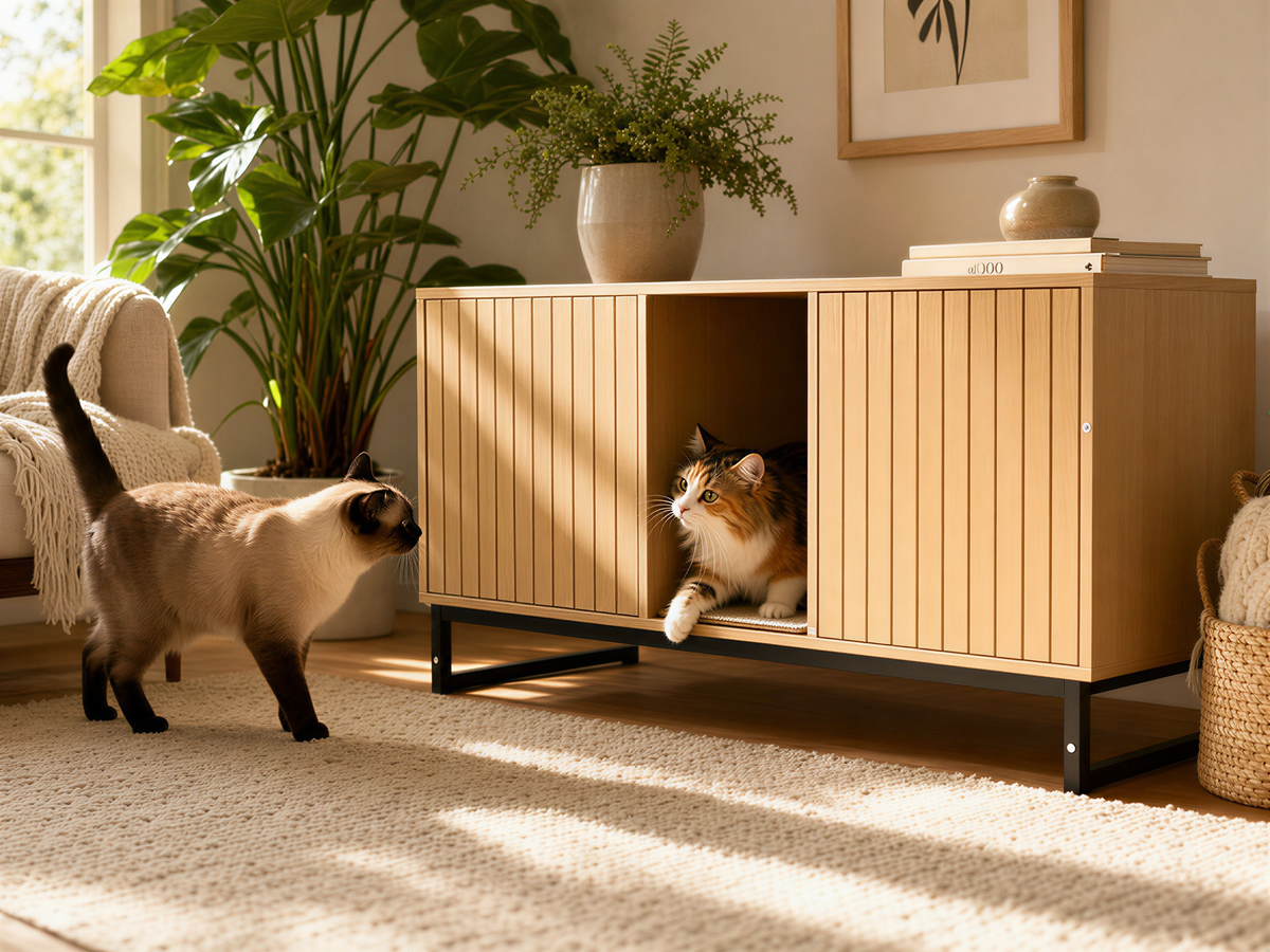 Light brown Haven Cat Hideaway Cabinet with vertically detailed panels and a black base, one cat in the open nook and another beside it