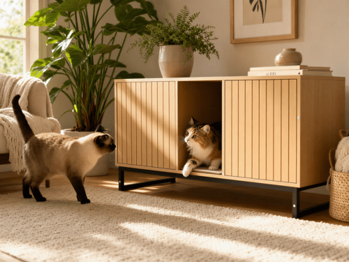 Light brown Haven Cat Hideaway Cabinet with vertically detailed panels and a black base, one cat in the open nook and another beside it