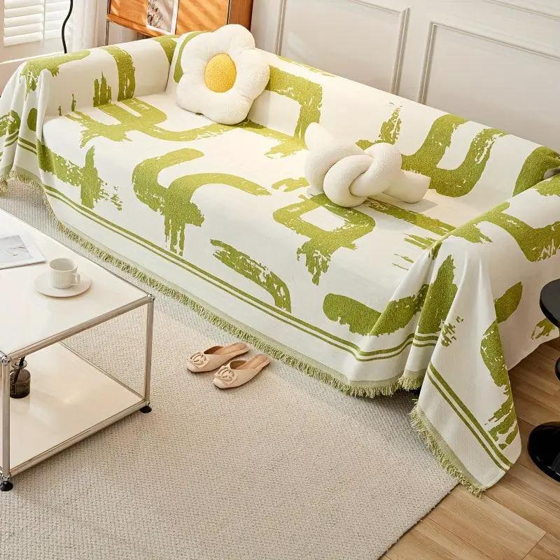 Boho Couch Cover, ultra-soft chenille, white with green abstract print.